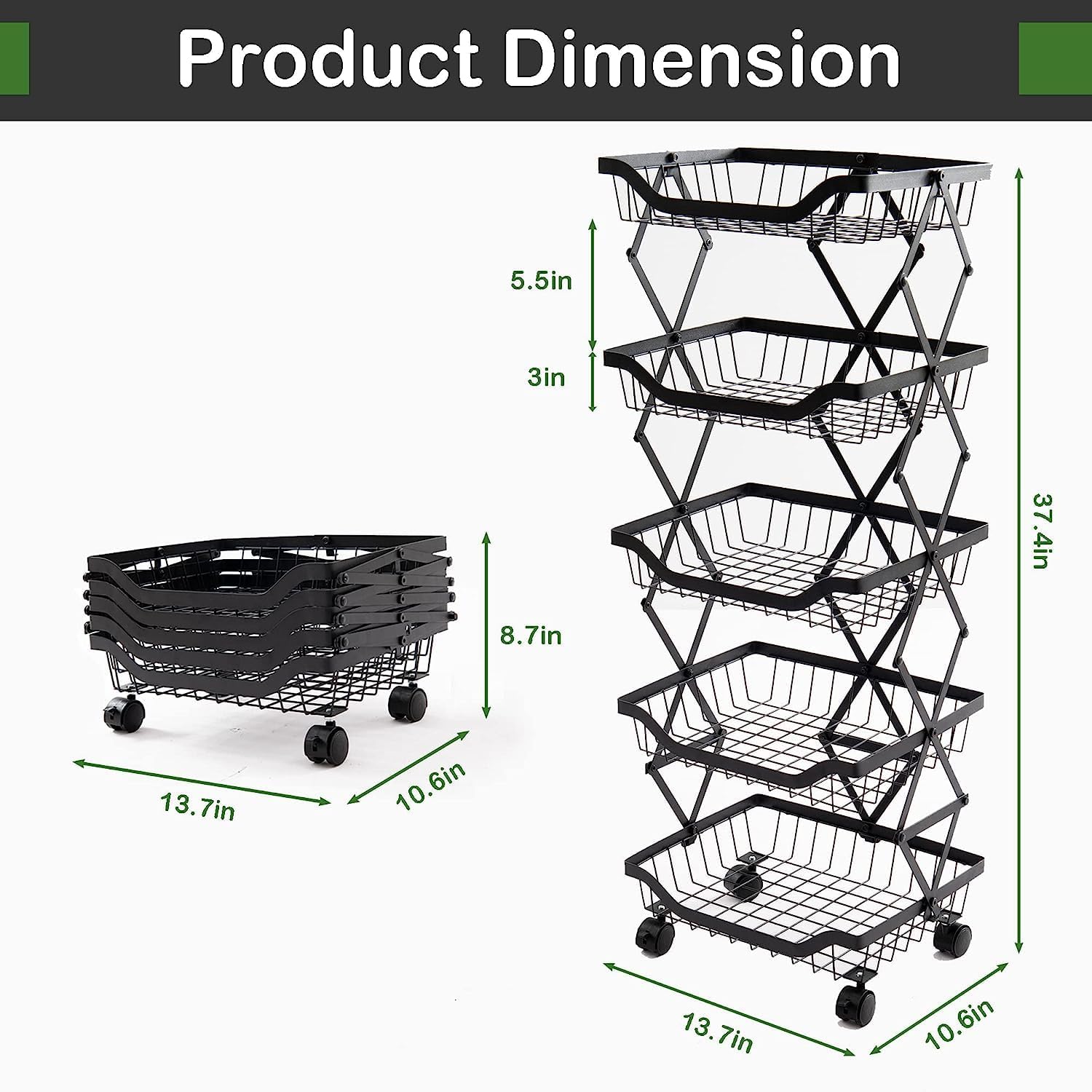 5 Tier Foldable Rolling Storage Cart with Lockable Wheels B1205