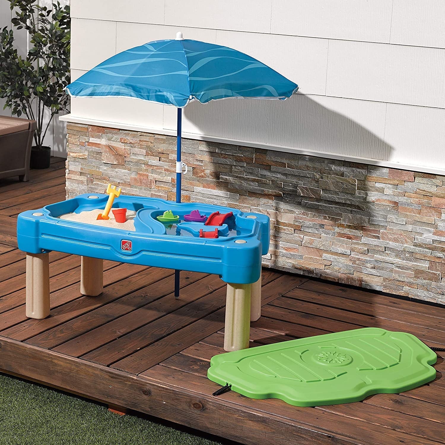 Blue Plastic Sandbox and Water Table with Cover and Umbrella T79382