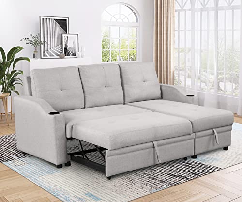 80.3" Linen Fabric 3 Seater Sofa Bed with Storage Chaise W1995