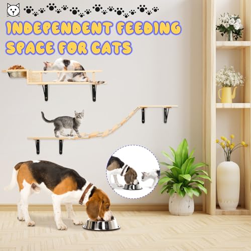Set of 5 Cat Wall Shelves with 2 Cat Food Bowls, 1 Bridge Ladder & 3 Cat Wall Steps B158875