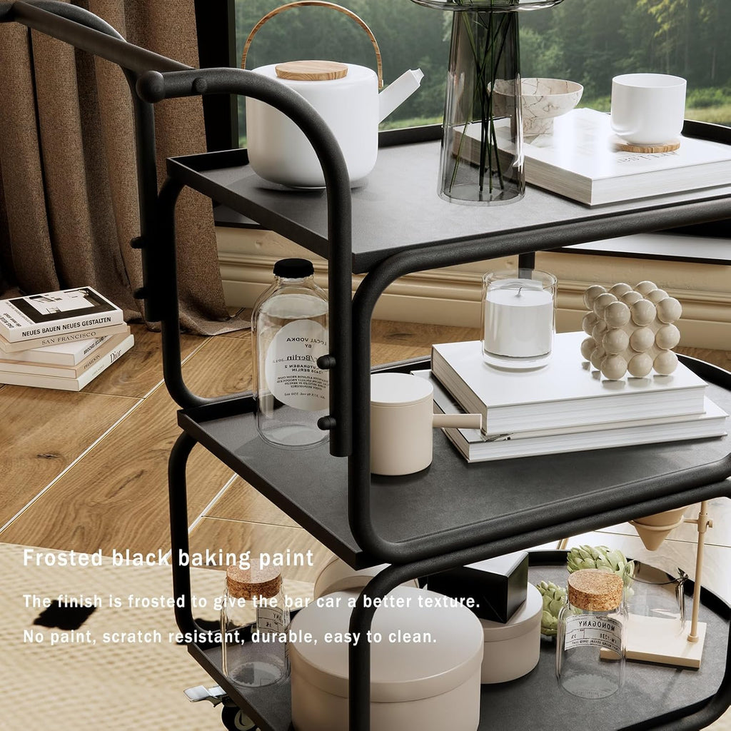 Matte Black 3-Tier Rolling Metal Bar Cart with Lockable Wheels I614