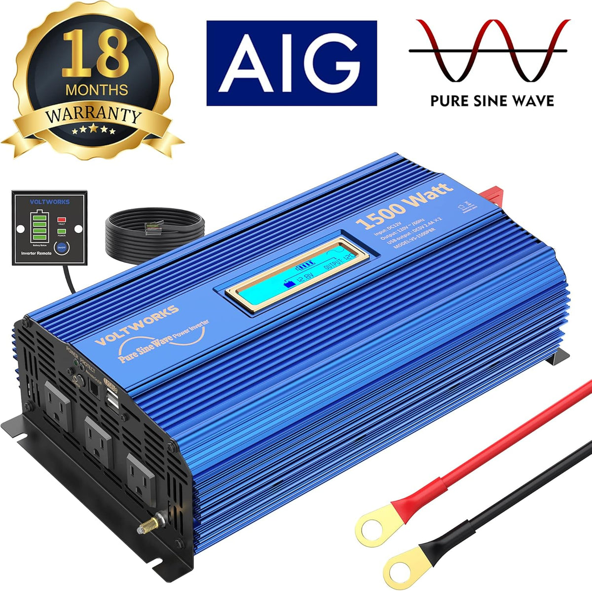 1500W Pure Sine Wave Power Inverter DC 12v to AC 110V-120V with Remote Control LCD Display O291
