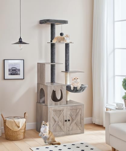 Greige 67.7" H Wooden Cat Tree with Litter Box Enclosure W253