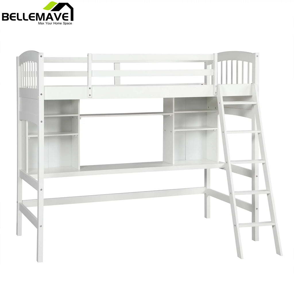 Twin Size High Loft Bed with Storage Shelves, Desk and Ladder Solid Wood Bed Frame with Safety Guardrails White U33426