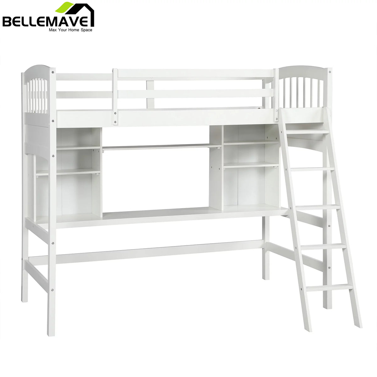 Twin Size High Loft Bed with Storage Shelves, Desk and Ladder Solid Wood Bed Frame with Safety Guardrails White U33426