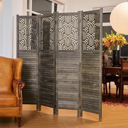 4 Panel Gray Wood Carved Folding Room Divider P4471