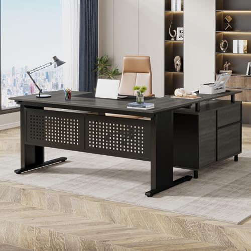Gray and Black L Shaped Executive Desk with File Cabinet and Drawers X179