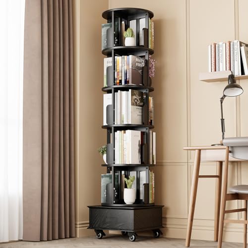 Black 5-Tier Rotating Book Shelf with Drawer Z518506