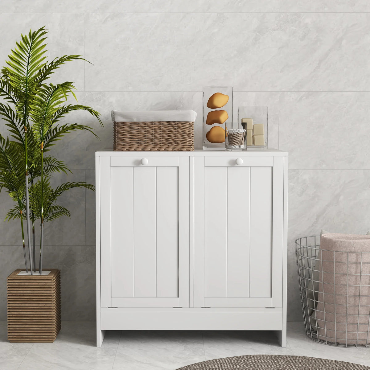 White Tilt-out Laundry Storage Cabinet with 2 Hamper Compartments K2013