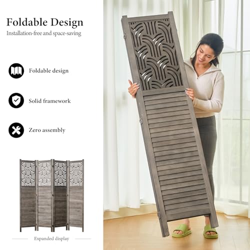 4 Panel Gray Wood Carved Folding Room Divider P4471