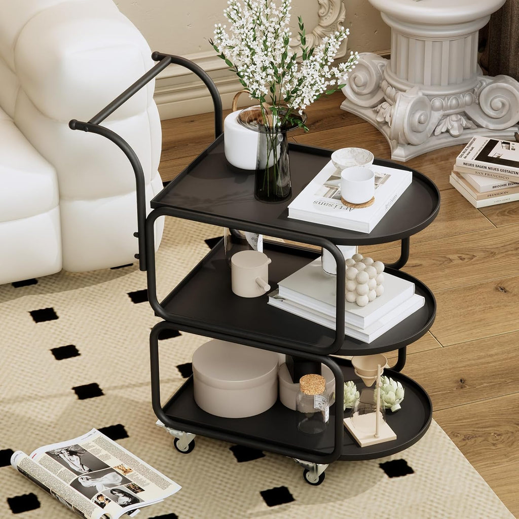 Matte Black 3-Tier Rolling Metal Bar Cart with Lockable Wheels I614