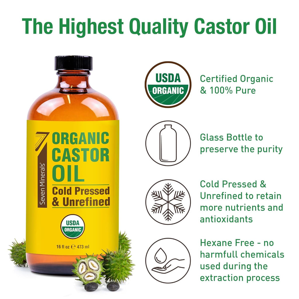 16 fl oz Glass Bottle Castor Oil Organic Cold Pressed Unrefined T299