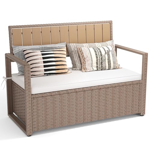 Black Beige 90 Gallon Outdoor Wicker Storage Bench with Cushion J1291