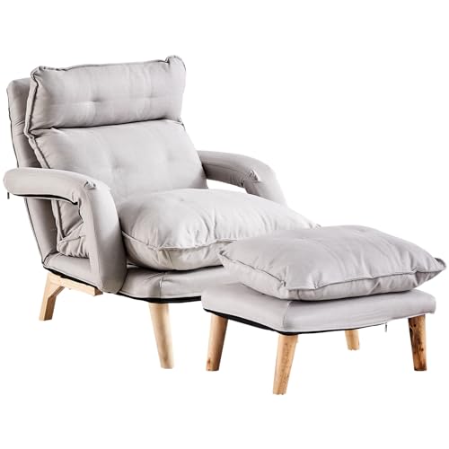 Gray Linen Accent Chair with Ottoman T8781