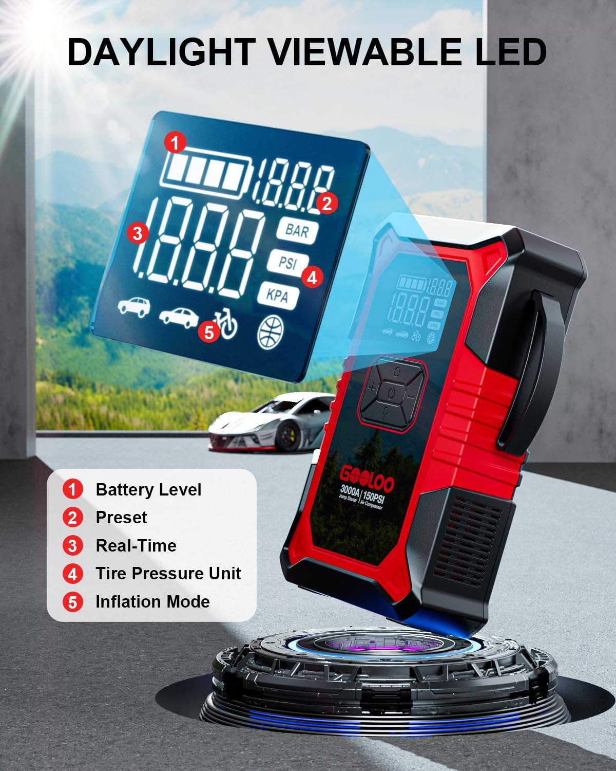 3000A Portable Car Battery Booster with 150PSI Tire Inflator P95064