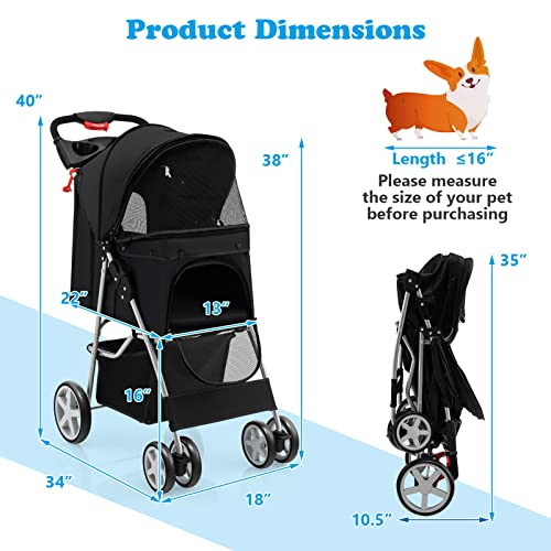 4 Wheels Folding Pet Stroller with Storage Basket and Adjustable Canopy K43758