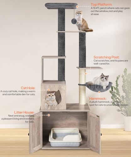 Greige 67.7" H Wooden Cat Tree with Litter Box Enclosure W253