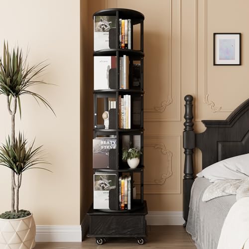 Black 5-Tier Rotating Book Shelf with Drawer Z518506