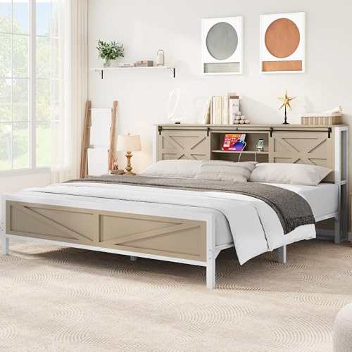 White Queen Size Bed Frame with Headboard and Storage Shelves V45342