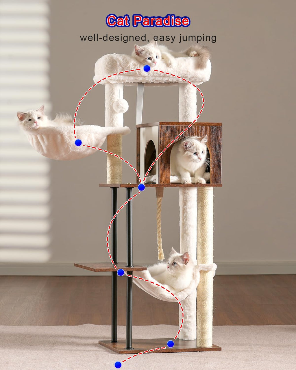Rustic Brown 43.3in Wood Cat Tree with Sisal Rope Scratching Post T2072