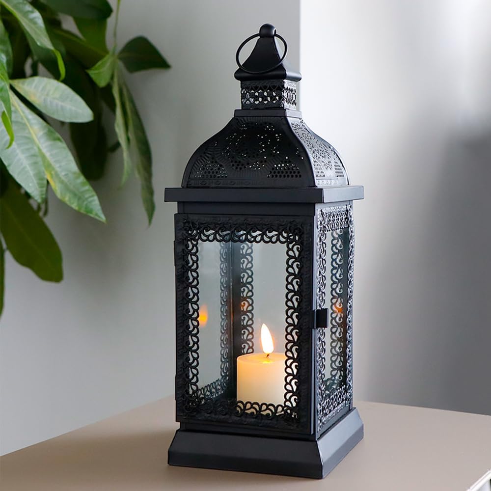 Black Metal Candle Lantern 13'' High with Tempered Glass W375