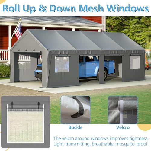 Carport 20x12ft Portable Garage with Roll-up Ventilated Windows & Removable Sidewalls F119708