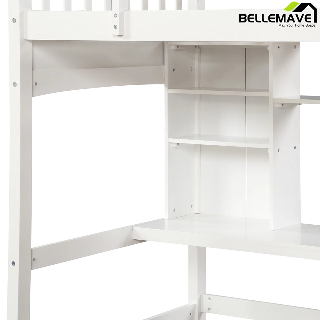 Twin Size High Loft Bed with Storage Shelves, Desk and Ladder Solid Wood Bed Frame with Safety Guardrails White U33426