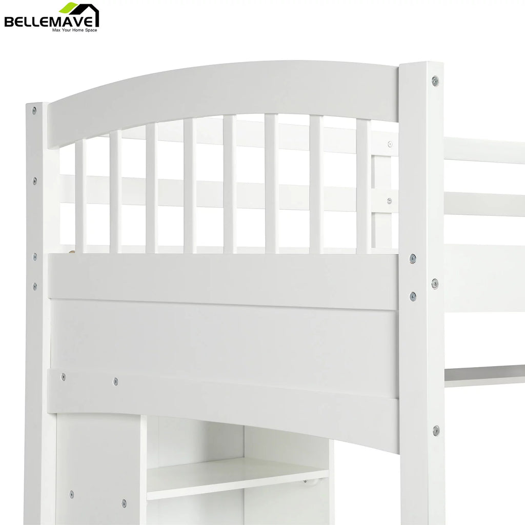 Twin Size High Loft Bed with Storage Shelves, Desk and Ladder Solid Wood Bed Frame with Safety Guardrails White U33426