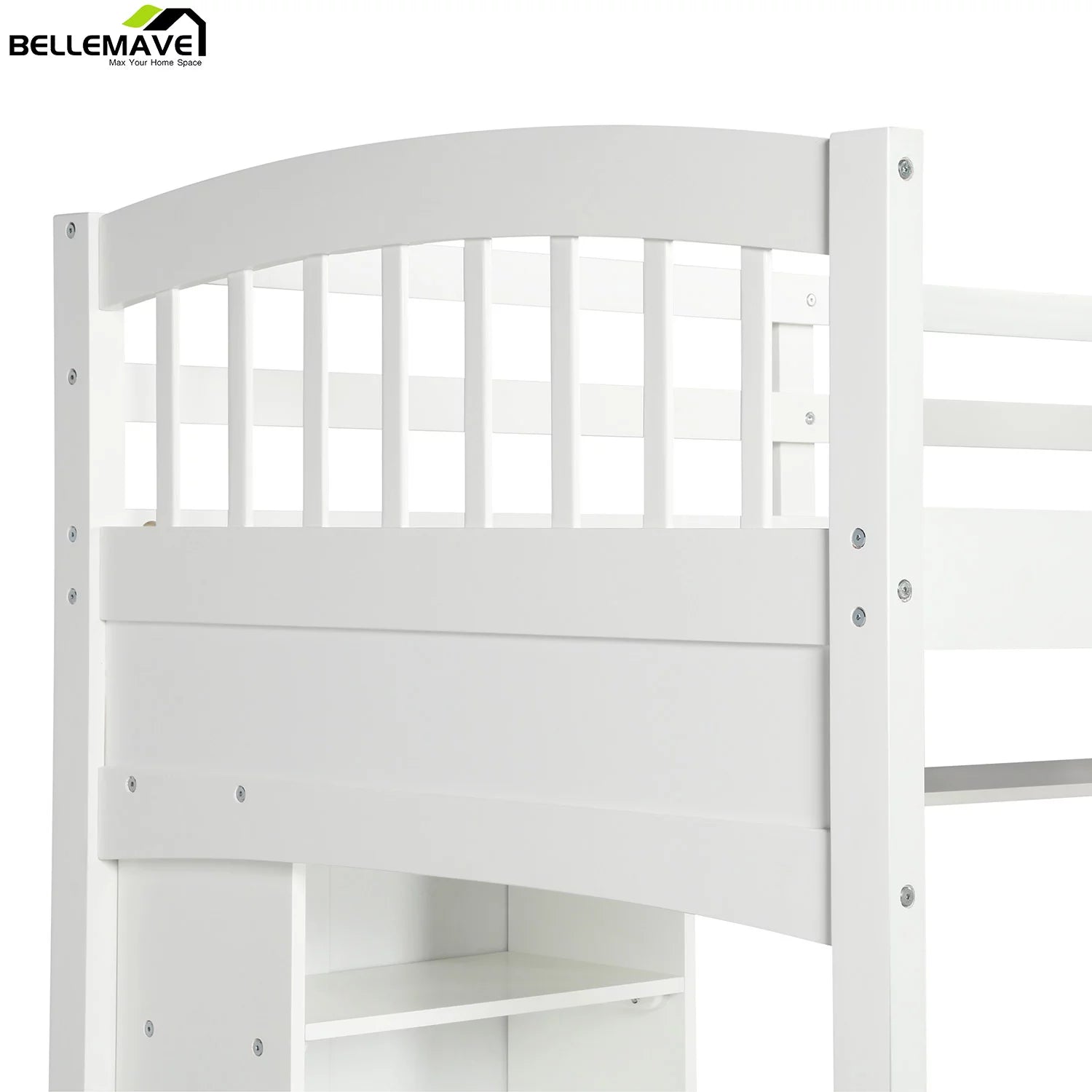 Twin Size High Loft Bed with Storage Shelves, Desk and Ladder Solid Wood Bed Frame with Safety Guardrails White U33426