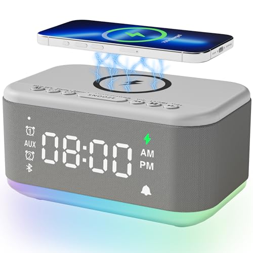 Gray Digital Alarm Clock with Bluetooth Speaker and Wireless Charger H9698