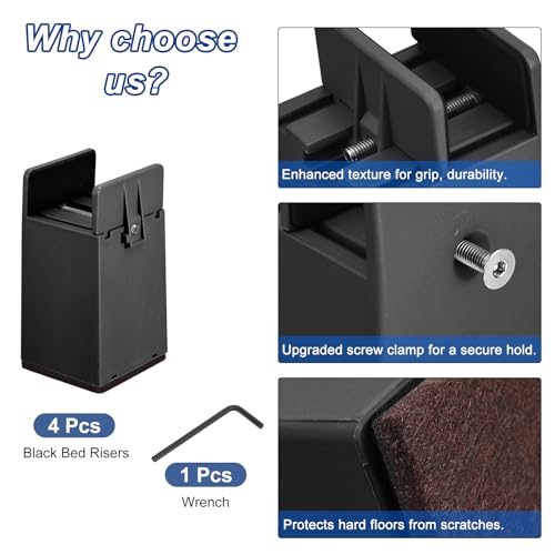 Black 4Pcs Furniture Risers with Adjustable Screw Clamp E31862