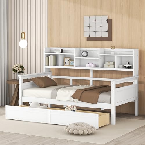 Twin Size Wood Daybed with Shelf and 2 Storage Drawers W516591