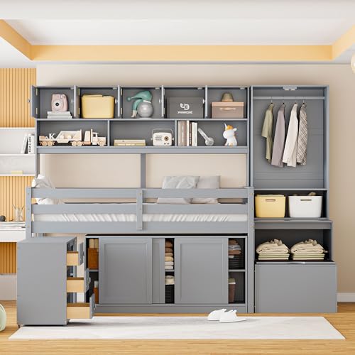 White Low Wood Loft Bed Twin Size with Rolling Desk and Drawers F58340