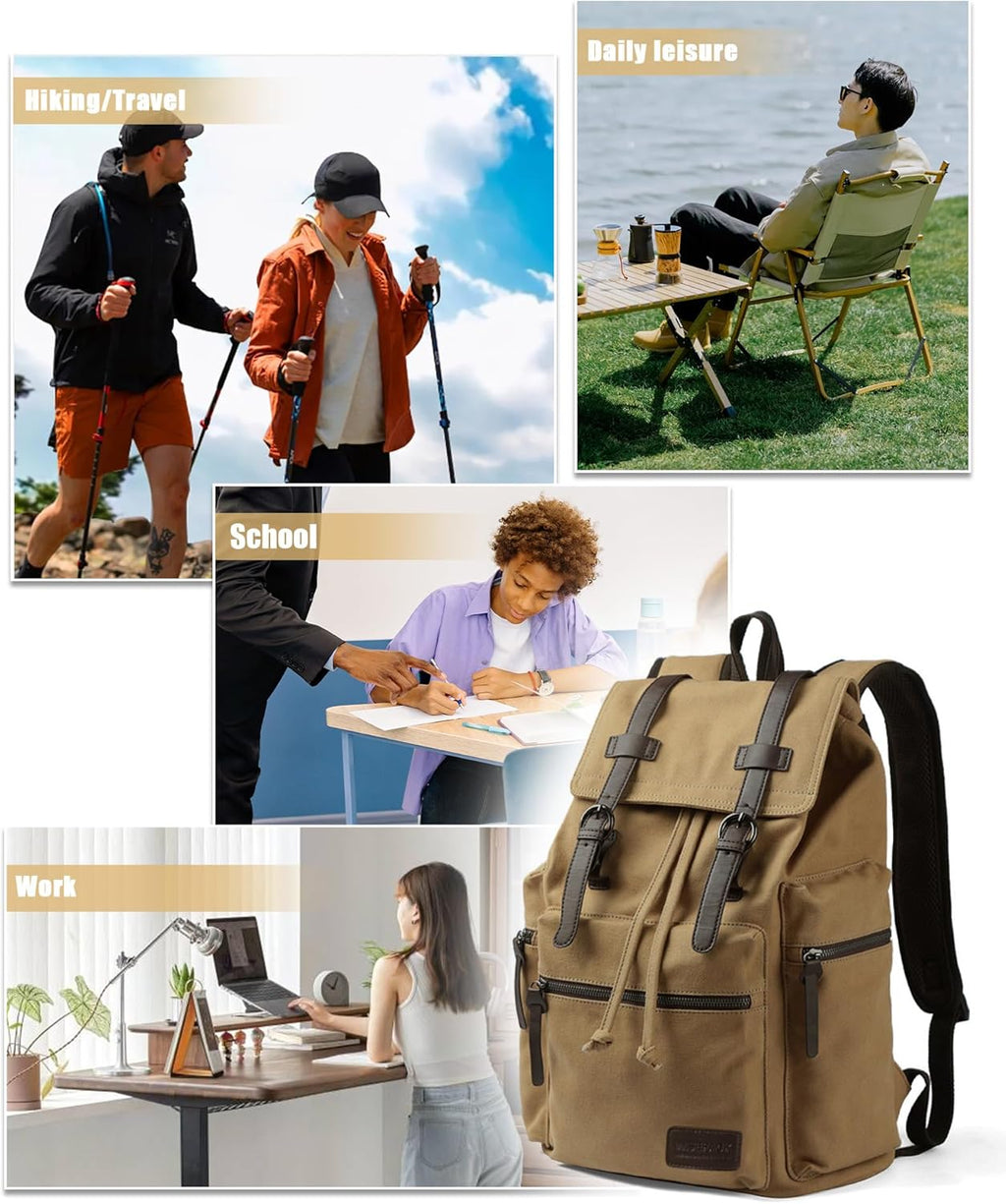 Canvas Vintage Casual Daypack Backpack, Water Resistant Lightweight 14 Inch Laptop Rucksack Hiking Bag, Khaki F849