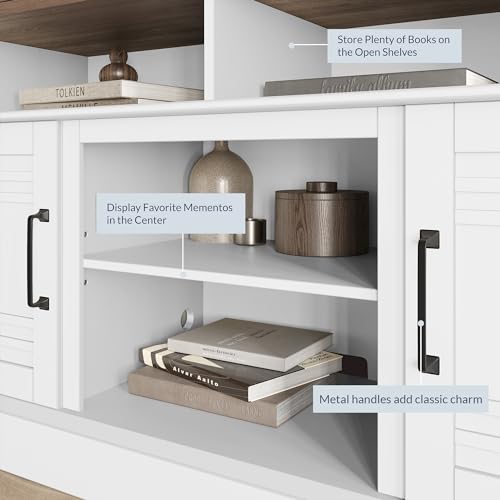 White Wood TV Stand with Open Storage Shelves and Cabinets D4660