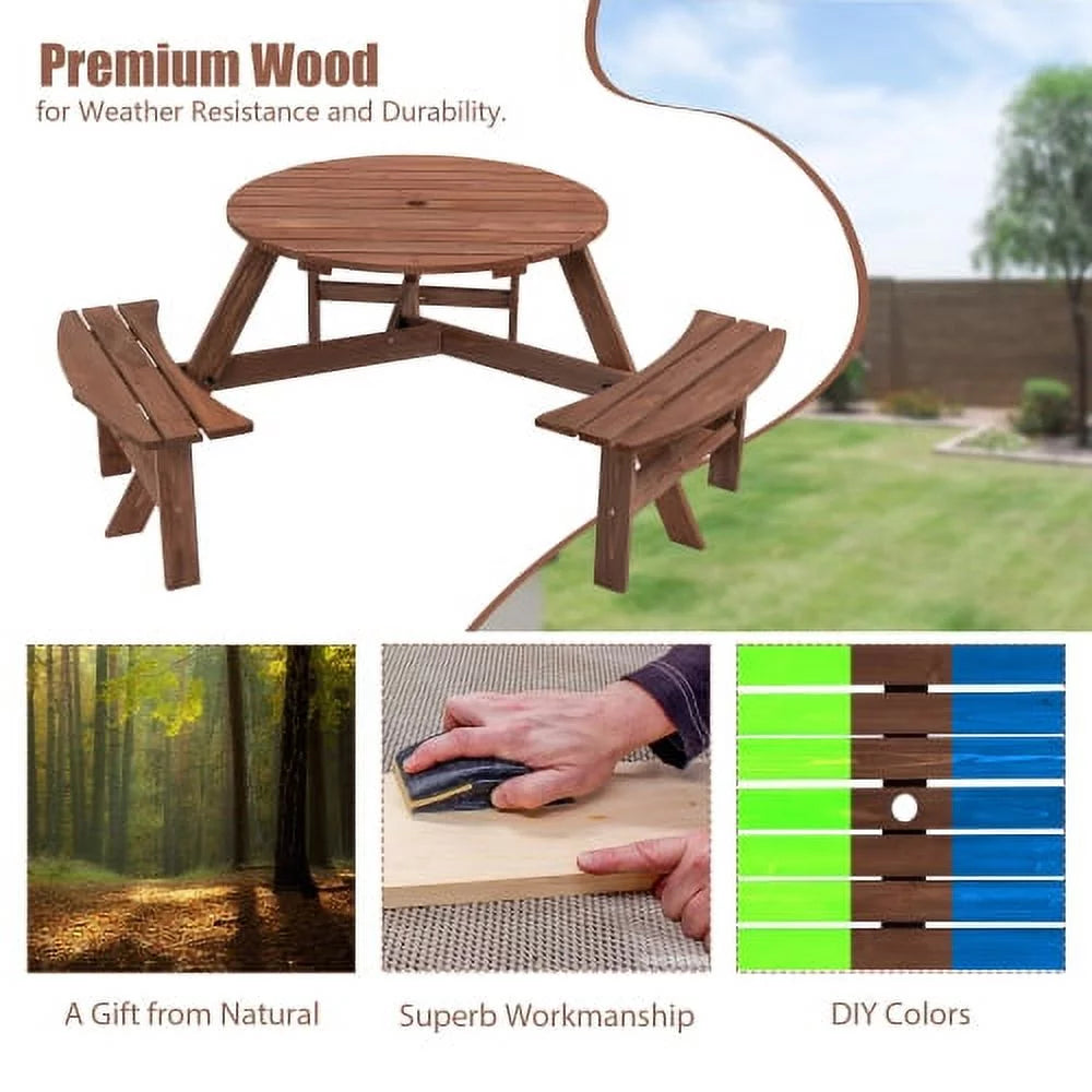 6-Person Circular Outdoor Wooden Picnic Table with 3 Built-in Benches K5521