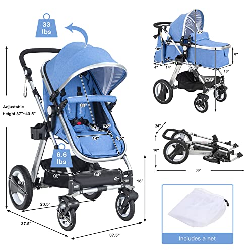 2-in-1 Convertible Bassinet Reclining Stroller with 5-Point Harness, Aluminum Structure, Khaki F85350