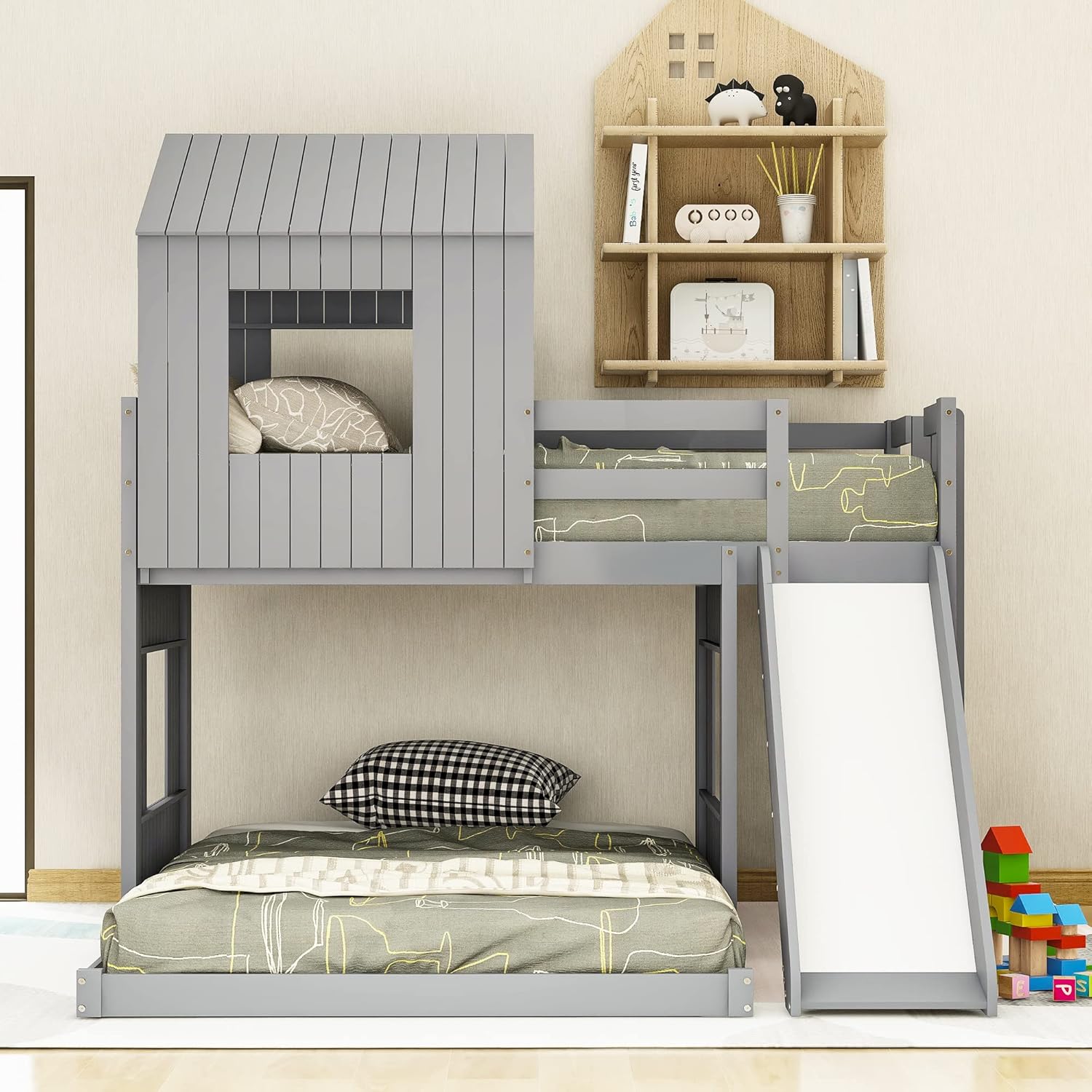 Gray Wood Twin Over Full Bunk Bed with Ladder and Slide R428