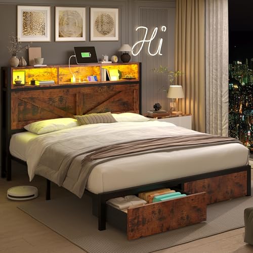 Rustic Brown Full Bed Frame with Bookcase Headboard and Storage Drawers Y8836