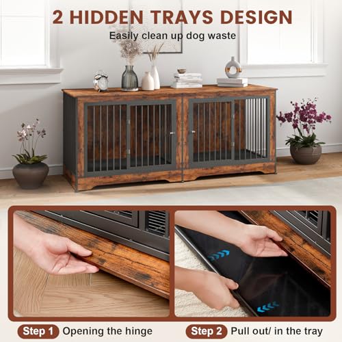 75 Inch Double Dog Crate Furniture Rustic Brown with Trays and Divider J395