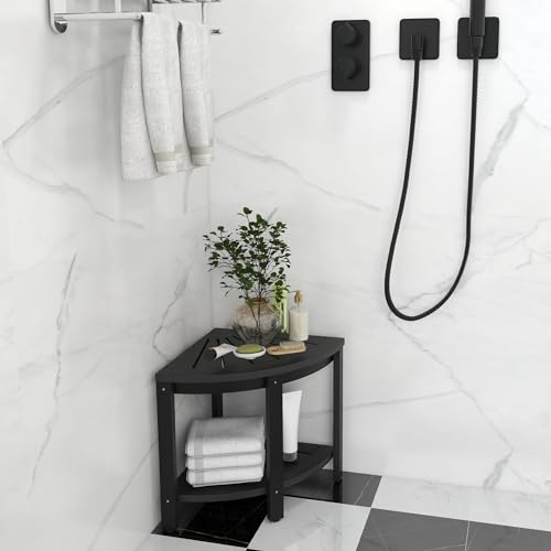 Black Poly Lumber Corner Shower Bench with Storage Shelf U752