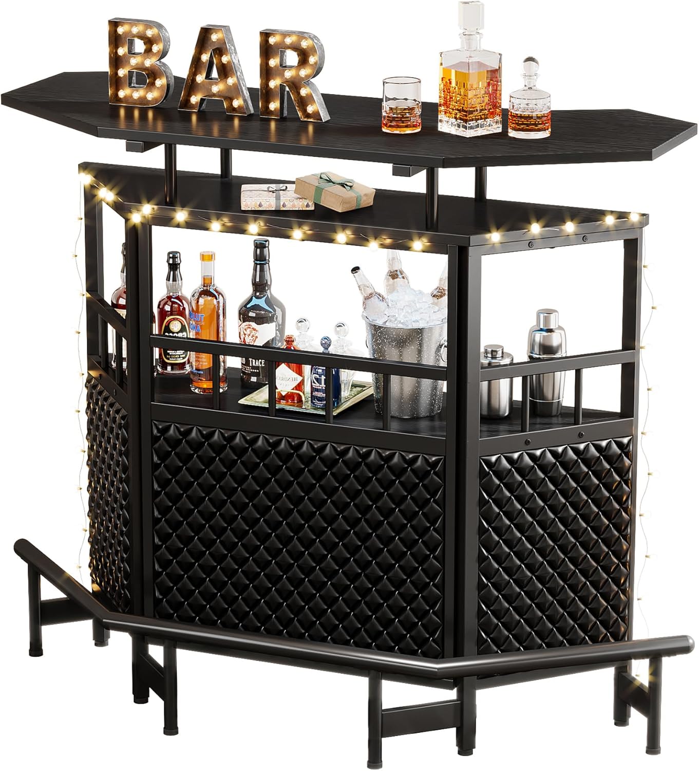 Black 4 Tier Bar Cabinet with Stemware Rack K2116