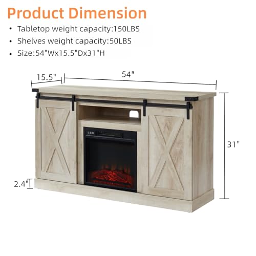 White Oak Electric Fireplace TV Stand with Sliding Barn Door, 54"x15.5"x31" F12897