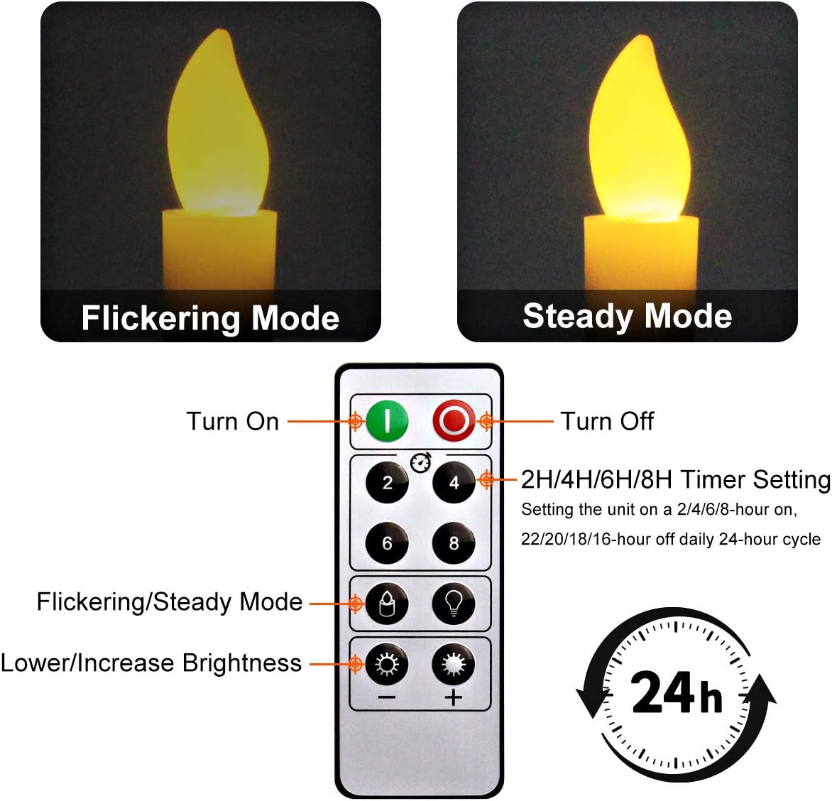 6 Set Gold LED Flameless Taper Candles with Timer C470