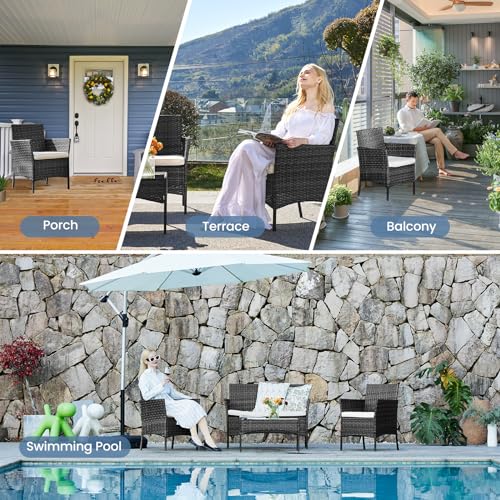 Black 4 Piece Outdoor Wicker Patio Furniture Set with Coffee Table and Sofa Q525845