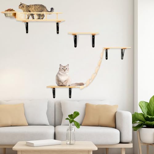 Set of 5 Cat Wall Shelves with 2 Cat Food Bowls, 1 Bridge Ladder & 3 Cat Wall Steps B158875