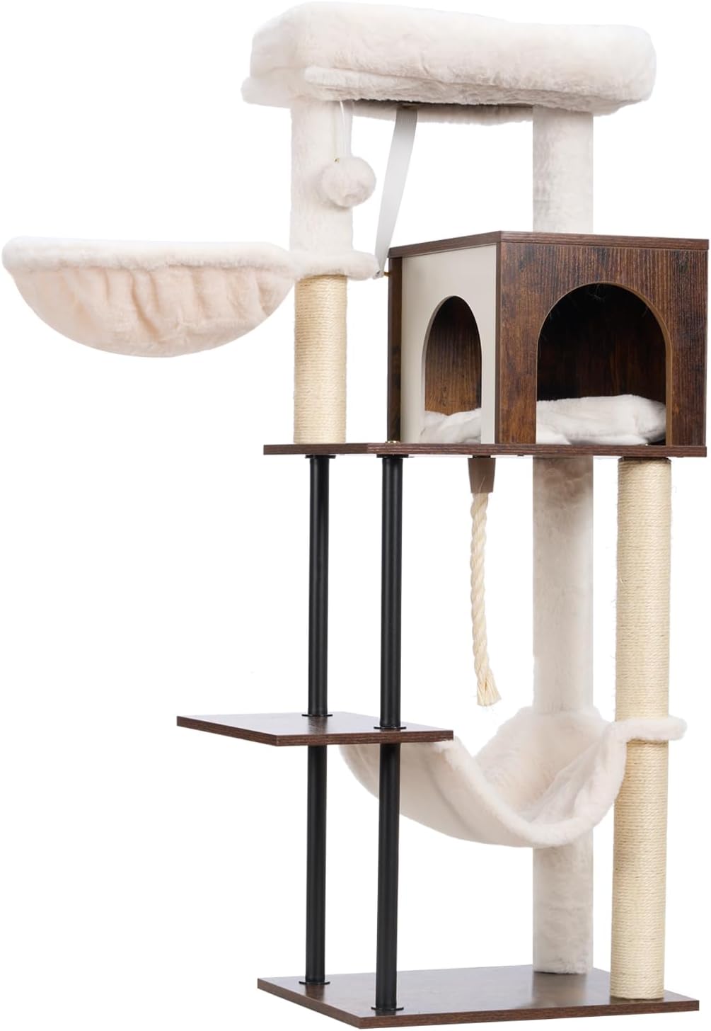 Rustic Brown 43.3in Wood Cat Tree with Sisal Rope Scratching Post T2072