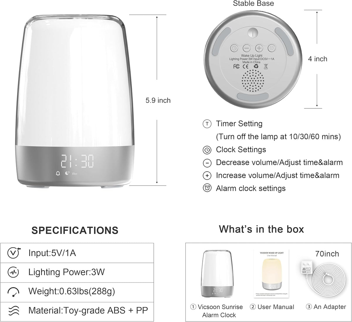 Dimmable Touch Sunrise Alarm Clock with 6 RGB Colors 5 Nature Sounds K171