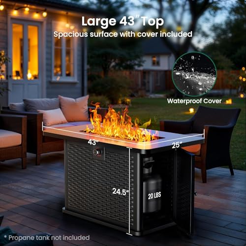 43-Inch Rectangular Propane Fire Pit with 60,000 BTU Output, Cover and Rocks, 304 Stainless Steel H-Burner Q241