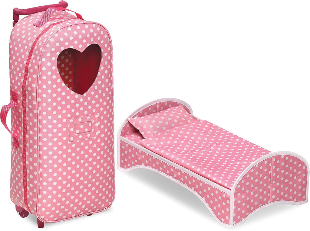 Pink Polka Dot Doll Trolley Travel Carrier with Rocking Bed and Bedding C8239
